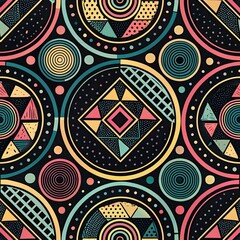 Vibrant geometric tribal pattern seamless background with circles triangles and dots on black