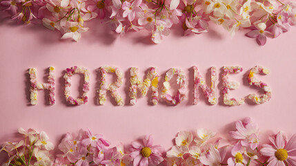 Hormones word spelled out in natural flower petals on a pastel pink background for female health