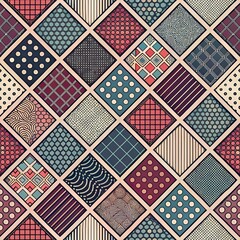 Seamless patchwork pattern of colorful diamond shapes with diverse geometric textures and patterns