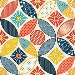 Vibrant geometric pattern featuring colorful leaf shapes circles and diamond motifs on a light background