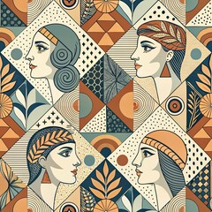 Four stylized female profiles in Art Deco geometric pattern featuring earth tones and abstract botanical motifs