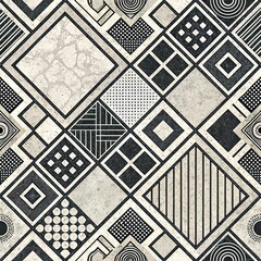 Black and white abstract geometric seamless pattern resembling textured tile mosaic surface