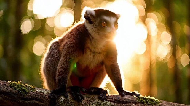 A monkey perches on a moss-covered branch, illuminated by sunlight filtering through the trees. This monkey, with vibrant eyes, creates an engaging scene in the natural setting.