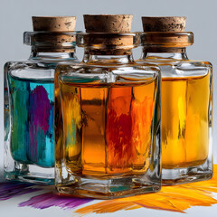 Artistic 3D Illustration of Glass Apothecary Bottles with Colorful Paint Insets