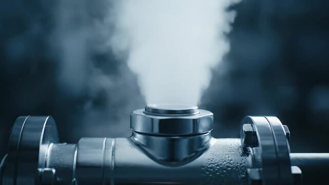 Close-up of industrial pipe releasing steam in a dark setting.
