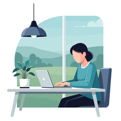 Obraz premium Woman working on laptop from home with scenic nature view, home office concept