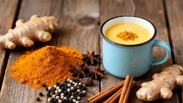 Golden milk latte served hot in a ceramic mug with turmeric powder, fresh ginger and warming spices, a traditional Indian golden milk beverage presented on a rustic wooden table conveying cozy, natura