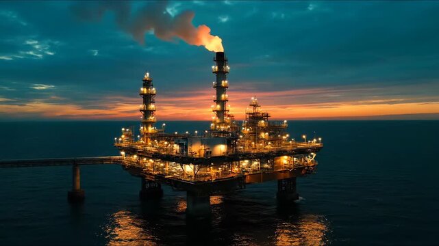 Offshore oil rig platform at sunset with burning flare stack.