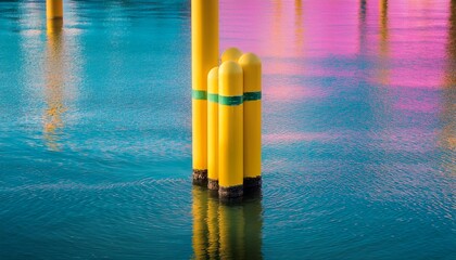 vibrant yellow poles stand in colorful water reflecting neon pink and teal hues creating a mesmerizing abstract scene