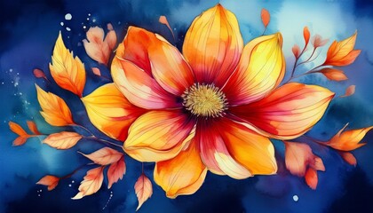 vibrant watercolor flower with warm red and yellow petals against a deep blue background