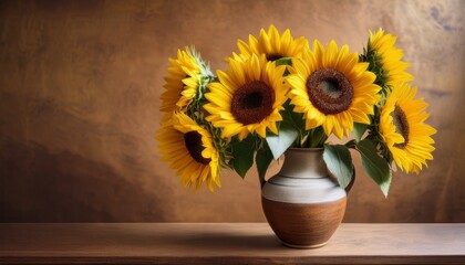 vibrant yellow sunflowers elegantly arranged in classic ceramic vase artfully contrasting with rich earth toned backdrop capturing essence of rustic charm for visual appeal