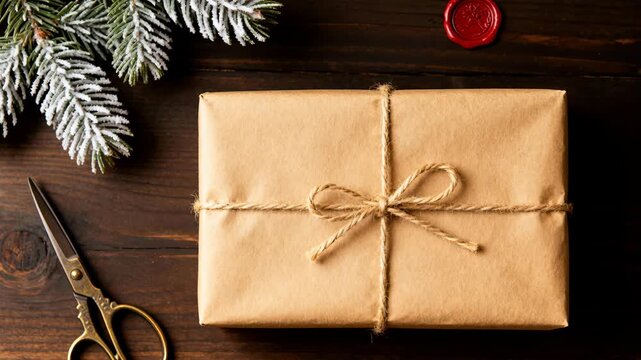 Wrapped gift sits on a dark wooden table with a natural twine bow, vintage scissors, a red wax seal and frosted fir branch, leaving clear copy space on the right suitable for text or design placement