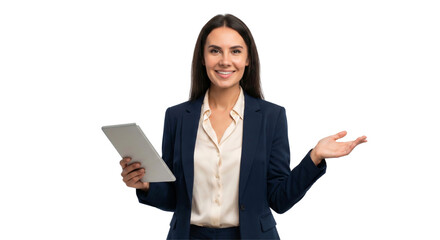 Smiling business woman in suit presenting with tablet in hand, isolated on transparent background, png