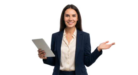Smiling business woman in suit presenting with tablet in hand, isolated on transparent background, png