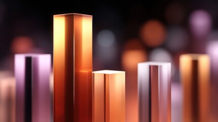 Abstract composition of shiny glass bars in varying heights with warm hues of orange and purple, creating a vibrant and modern visual aesthetic