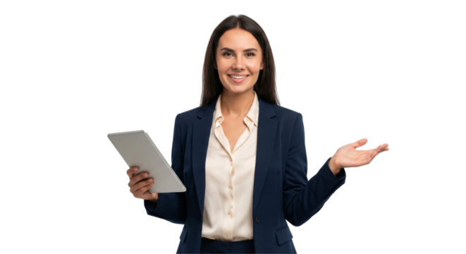 Smiling business woman in suit presenting with tablet in hand, isolated on transparent background, png - Powered by Adobe