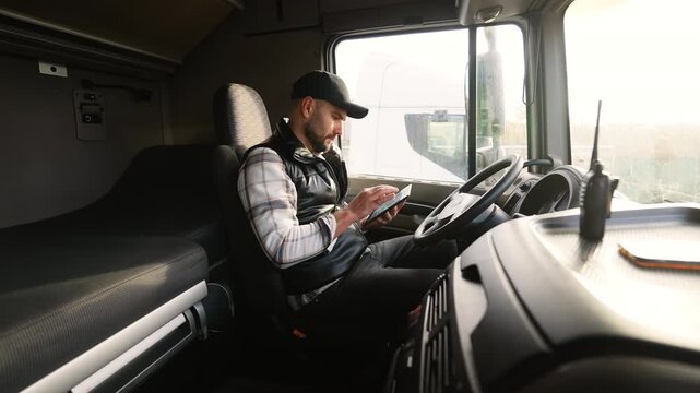 Professional truck driver using digital tablet in cabin