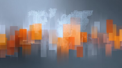 Abstract digital background with geometric shapes and world map for technology, business, and creative content in vibrant orange and gray tones