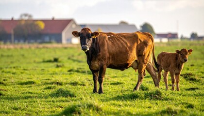 Fototapeta premium Brown Cows Grazing in a Lush Green Field with Farm Buildings in the Background.