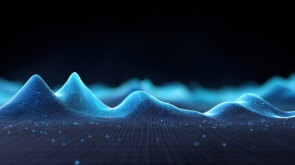 Abstract digital landscape with glowing blue contours and wavy forms creating a captivating visualization of data waves and sound frequencies in a dark background