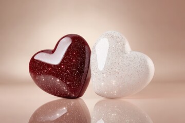 Fototapeta premium Two contrasting glittering heart shapes rest side by side on a reflective surface