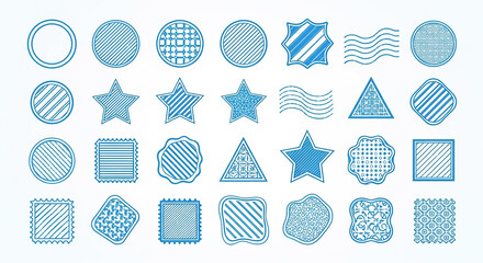 Set of Blue Graphic Shapes with Various Patterns on White Background