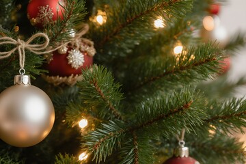Close-up of decorated christmas tree with golden and red ornaments and twinkling lights