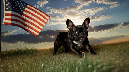 Brindle French bulldog posed outdoors against a glowing sunset sky with clouds and an American flag in background, with open sky space on the right for copy or text placement showing lively expression