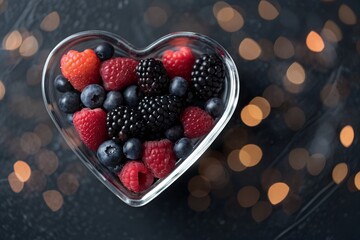 Heart-shaped glass bowl filled with fresh mixed berries on a dark sparkling bokeh background symbolizing love, vitality and natural sweetness. Elegant food image perfect for romance, wellness and prem