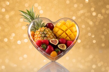 Glass heart bowl filled with tropical fruits including pineapple, mango and berries on a golden bokeh background symbolizing love, freshness and vitality. Perfect for healthy lifestyle, summer themes 