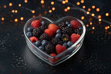 Glass heart bowl filled with fresh raspberries, blueberries and blackberries on a dark bokeh background symbolizing love, romance and healthy lifestyle. Perfect for Valentine&rsquo;s Day, wellness and luxur