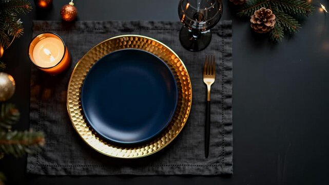 Place setting with a dark blue plate on a hammered gold charger, candlelight, a gold fork and wine glass arranged on a dark linen placemat for a festive table. Available space for text on the right si