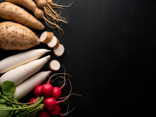 Assorted raw roots and tubers (yam, cassava, radish) laid out on one side of a textured dark surface, vast empty area on the opposite side as negative space, dramatic but clean lighting.