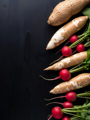 Assorted raw roots and tubers (yam, cassava, radish) laid out on one side of a textured dark surface, vast empty area on the opposite side as negative space, dramatic but clean lighting.