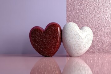 Obraz premium Two contrasting, glittering heart shapes rest closely together against a soft pastel background with textured accents
