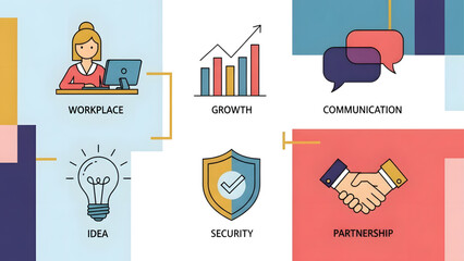 Business Infographic Icon Set for Workplace Growth Communication Idea Security and Partnership