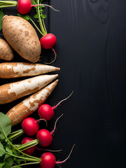 Assorted raw roots and tubers (yam, cassava, radish) laid out on one side of a textured dark surface, vast empty area on the opposite side as negative space, dramatic but clean lighting.