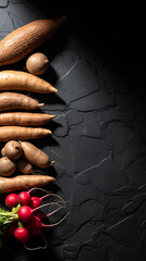 Assorted raw roots and tubers (yam, cassava, radish) laid out on one side of a textured dark surface, vast empty area on the opposite side as negative space, dramatic but clean lighting.