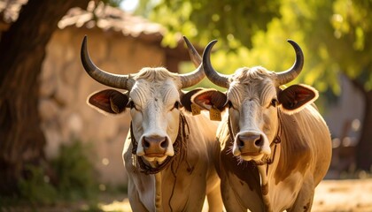 Two Cattle Standing Together in a Sunny Outdoor Environment.
