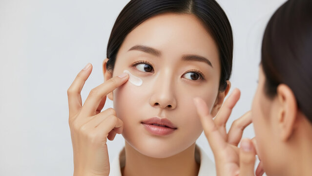 Asian woman applying eye cream, focusing on skincare and beauty