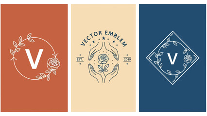 Set of three vintage V logos with floral wreath, crest and diamond insignia on warm colored panels for branding and identity design
