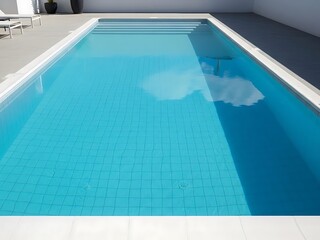Minimalist swimming pool with serene blue water and cloud reflection