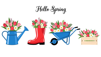 Hello Spring: a cheerful garden scene featuring a blue watering can, red rain boots, a wheelbarrow and a wooden crate full of colorful flowers.