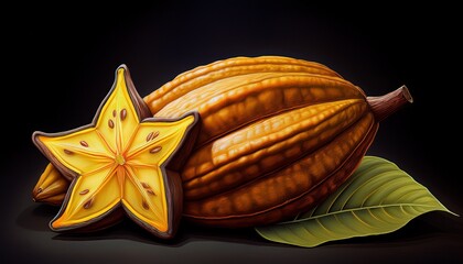 stylized cacao pod and star fruit slice on black background