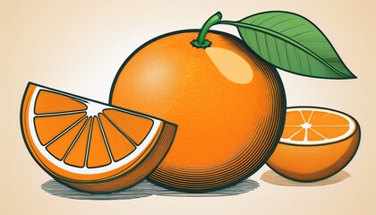 stylized orange fruit with leaf and slice