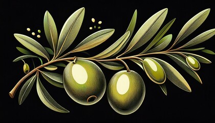 stylized olive branch with fruit and leaves on black background
