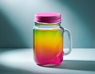 vibrant colorful drink in glass jar with pink cap soft light and shadow effects