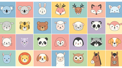 Obraz premium Colorful pastel collage of cute animal faces in a round grid, perfect for kids decor, avatars, stickers, and playful illustration projects