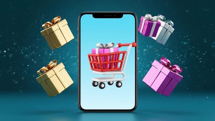 Shopping chart on mobile screen with gift boxes floating around in a digital environment - Powered by Adobe