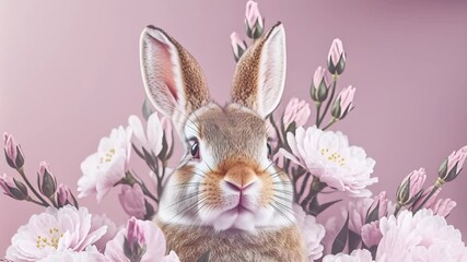 Brown rabbit sits among pink blossoms on a soft pastel background with available space for text on the left, detailed fur texture, gentle lighting, and a calm springtime composition for advertising an